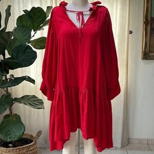 Red Peasant Mini Dress Boho Babydoll Lyocell Flowy Romantic M